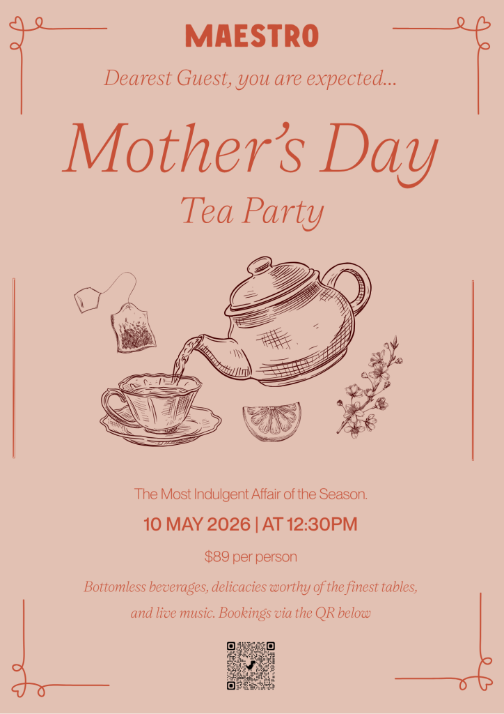 Elegant invitation graphic reading “MAESTRO – Dearest Guest, you are expected… Mother’s Day Tea Party,” with a small illustration of a teapot pouring tea into a cup on a soft beige background